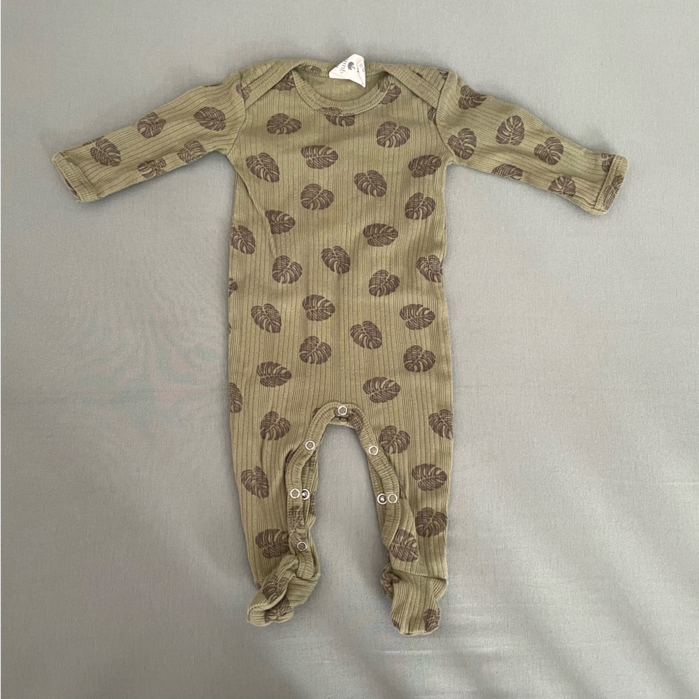 Kate Quinn NB long sleeve lap neck footie sleeper | stamped tiny olive monstera